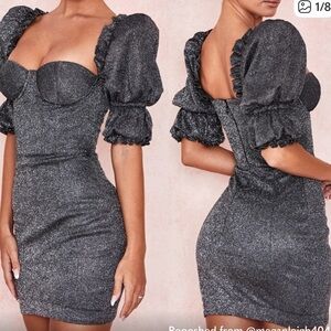 House of CB Glittery Black Puff Sleeve Mini Dress